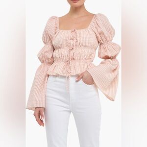 English Factory Front Tie Shirred Puff Long Sleeve Top Blouse Blush White small